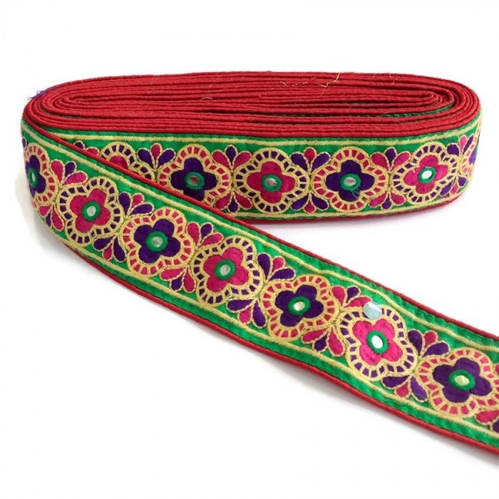 Broderies Bordure décorative Indienne - Rouge, rose et vert - 60 mm babachic