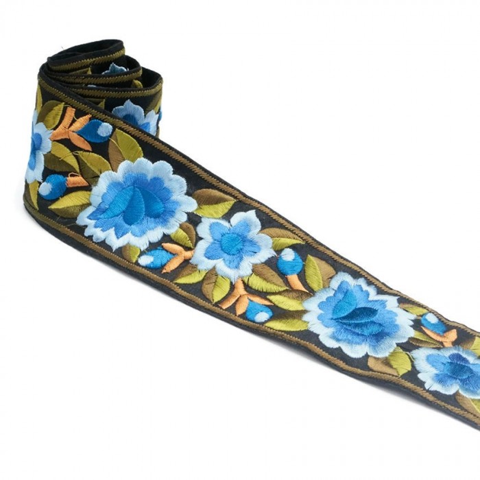 Rubaneries Bordure Fleurie, fil de soie - Bleu - 55 mm babachic