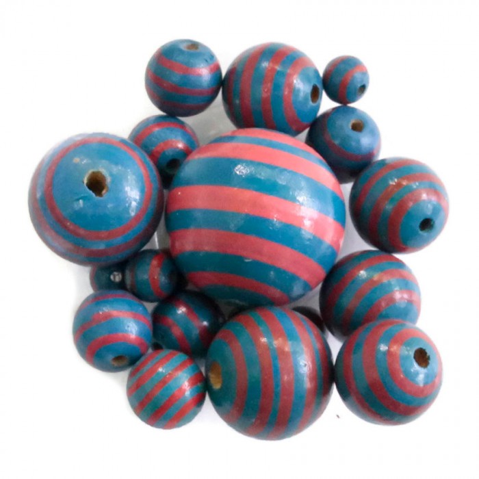 Wooden beads - Stipes - Pink and blue