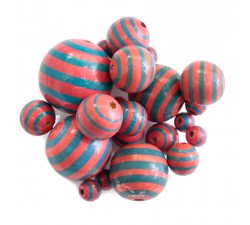 Wooden beads - Stipes - Pink and blue