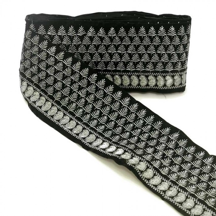 Bordado Pasamanería India - Piñas - Negro y plateado - 100 mm babachic