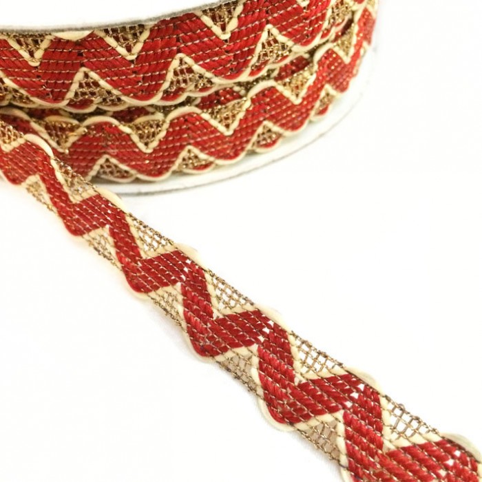 Ric Rac Cinta tipo ricrac Rojo con hilo de lurex dorado - 20 mm babachic