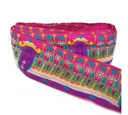Broderies Bordure large dessins indiens - Rose, vert et violet - 90 mm babachic