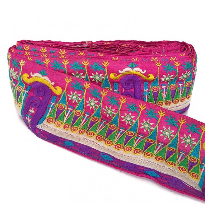 Broderies Bordure large dessins indiens - Rose, vert et violet - 90 mm babachic