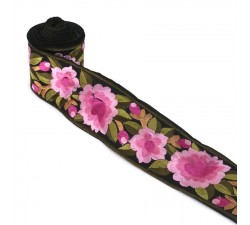 Embroidery Blossom border with pink silk thread on black background - 55 mm of width babachic