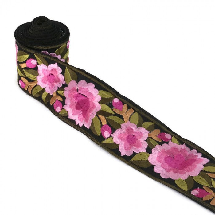 Broderies Bordure Fleurie, rose sur fond noir - 55 mm de largeur babachic