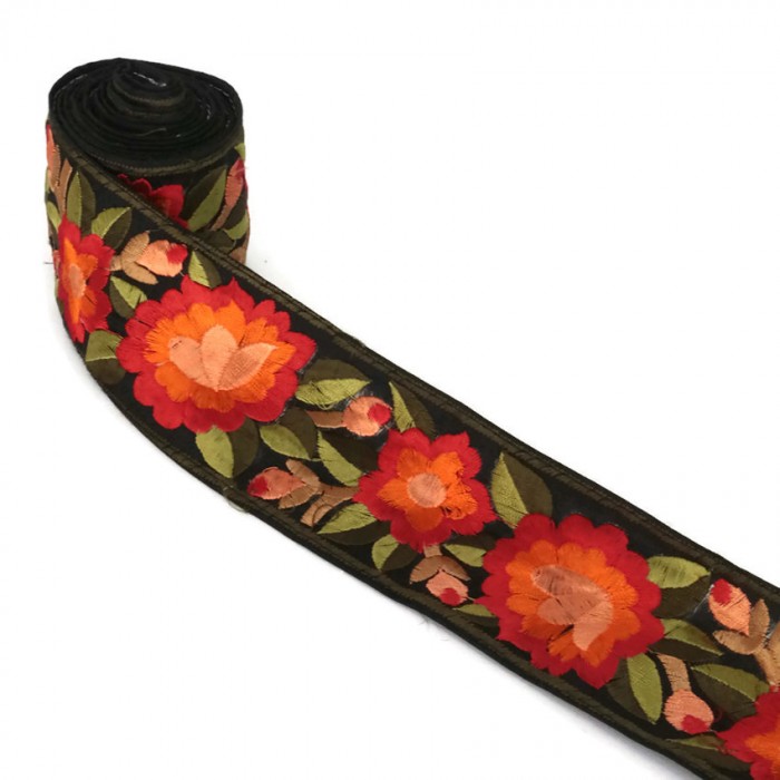 Embroidery Blossom border with orange silk thread on black background - 55 mm of width babachic