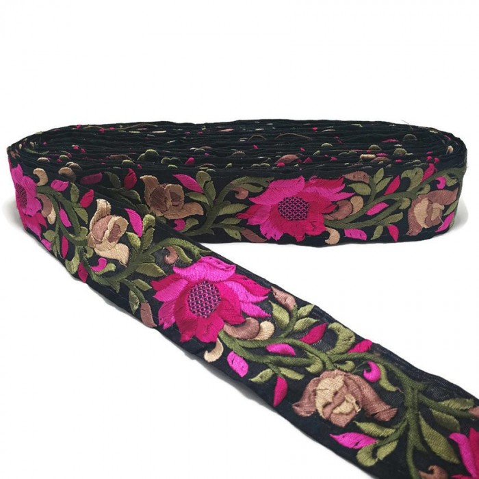 Broderies Bordure Soie Lys noire et fuschia - 45 mm Babachic by Moodywood