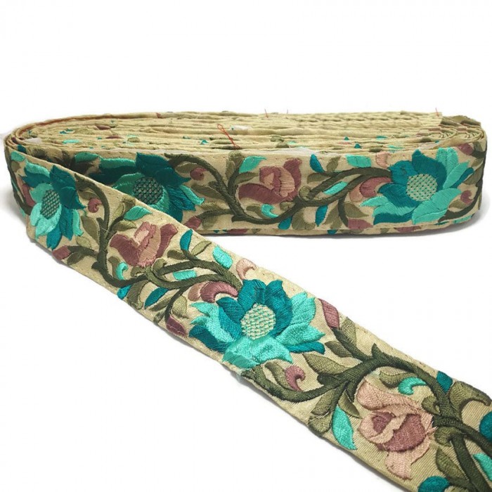 Broderies Bordure Soie Lys turquoise - 45 mm Babachic by Moodywood