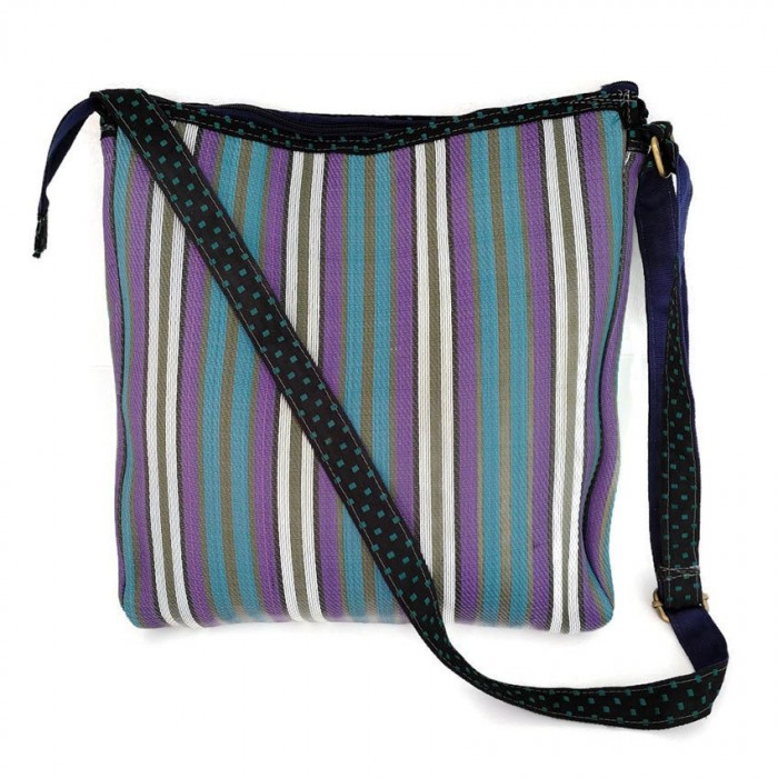 Blue and purple bag with long handle.