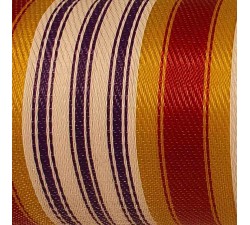 Home Canvas of recycled plastic fabris in yellow, red, white and purle stripes, new material for the making of bags