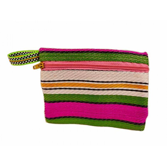 Pocket Pouch Porte monnaie rayé vert, fuchsia, jaune et blanc