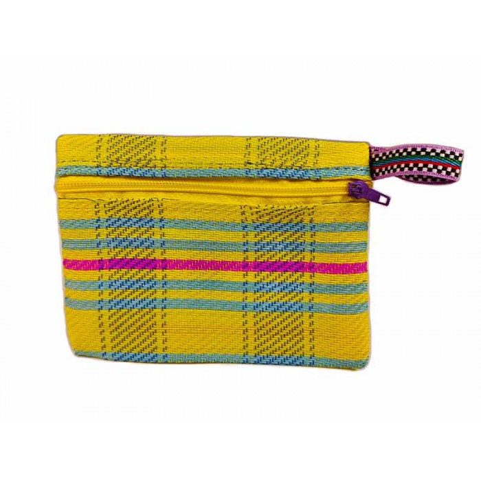 Pocket Pouch Porte monnaie jaune avec des rayures bleu clair et fuchsia