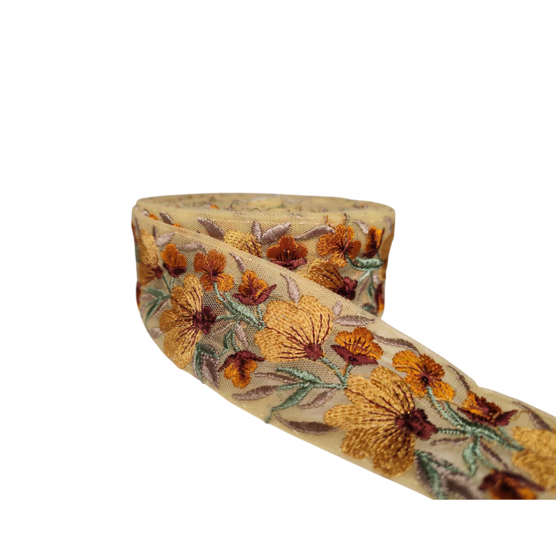 Home Floral ribbon embroidered in yellow and brown tones on 5cm tulle fabric Babachic by Moodywood