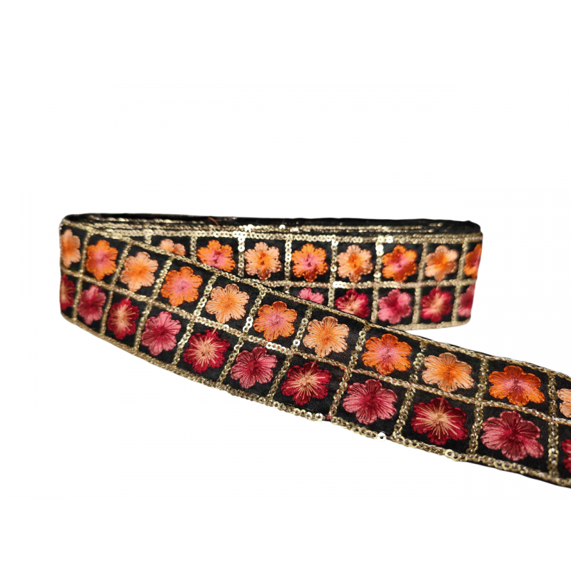 Inicio Cinta negra bordada en tonos naranjas y rosas con lentejuelas doradas de 5,5cm babachic