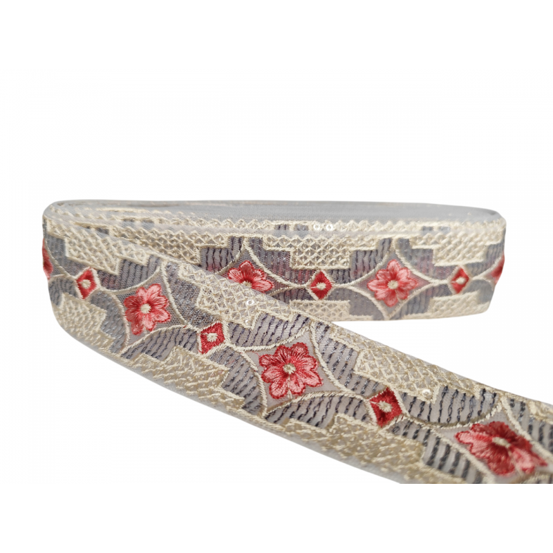 Home White and tosa-coloured embroidered grey ribbon on tulle fabric 4,5cm Babachic by Moodywood
