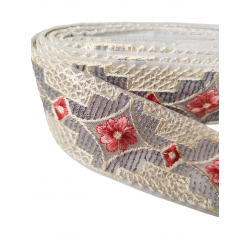 Home White and tosa-coloured embroidered grey ribbon on tulle fabric 4,5cm Babachic by Moodywood