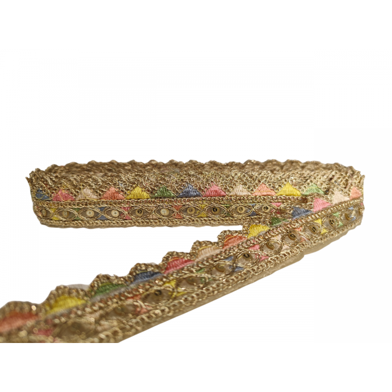 Inicio Cinta bordada dorada multicolor tonos pastel con lentejuelas y con forma zig zag de 3cm Babachic by Moodywood