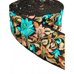 Accueil Ruban noir de 5,5 cm brodé dans les tons turquoise, marron et vert Babachic by Moodywood