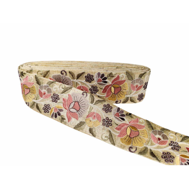 Haberdashery & Fabrics floral Ribbon embroidered in pastel shades of pink, purple, yellow and green 60mm Babachic by Moodywood