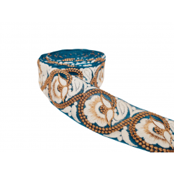 Home Blue Tulle Ribbon Embroidered with White and Brown Flowers 55mm Babachic by Moodywood