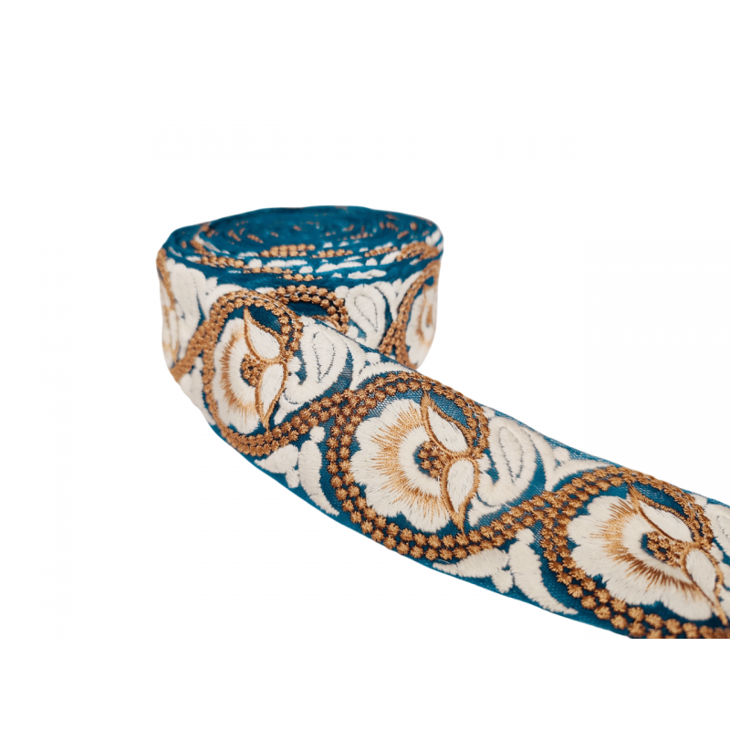 Inicio Cinta de tul azul bordada con flores blancas y marrones de 55mm Babachic by Moodywood