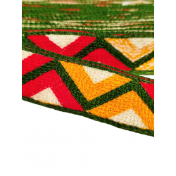 Ruban brodé figures triangulaires rouge, orange, vert et banque 25mm