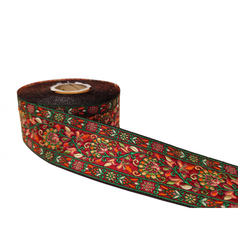 Inicio Cinta burdeos bordada con motivos florales rojos, verdes y naranjas de 5cms Babachic by Moodywood