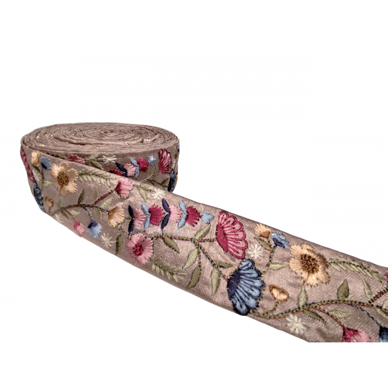 Mercerie & Tissus Ruban rose pâle avec broderie florale 40mm Babachic by Moodywood