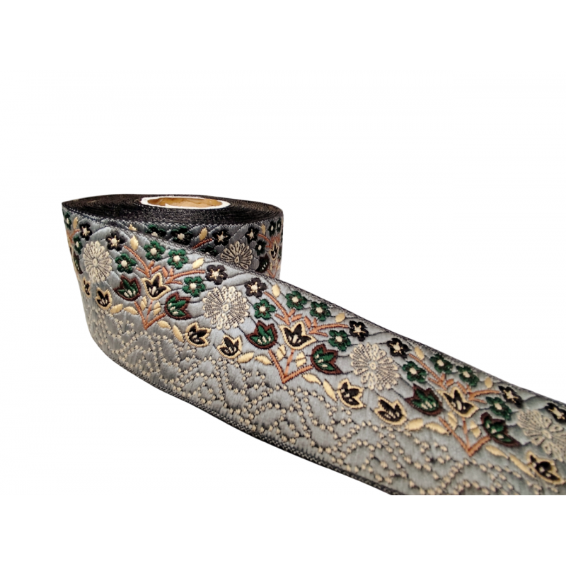 Inicio Cinta bordada floral tono gris, verde, marrón y beige 50mm Babachic by Moodywood