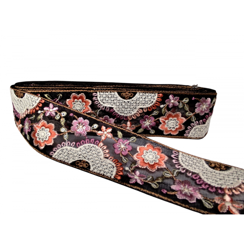 Embroidery Black tulle ribbon embroidered with flowers and small sequins 45mm Babachic by Moodywood