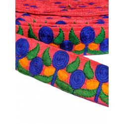 Merceria & Tela Cinta rosa fucsia borada con motivos florales azules, verdes y naranja 35mm Babachic by Moodywood