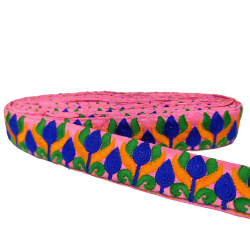 Inicio Cinta rosa con bordado floral azul, verde y naranja 35mm Babachic by Moodywood