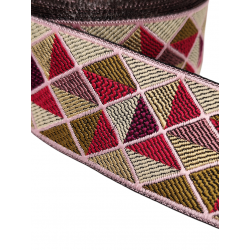 Merceria & Tela Cinta geométrica motivos triangulares burdeos, rosa, morado verde y beige 50mm Babachic by Moodywood