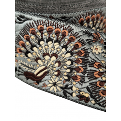 Inicio Cinta bordada con motivos de pavo real en tono gris, beige y marrón,5cm Babachic by Moodywood