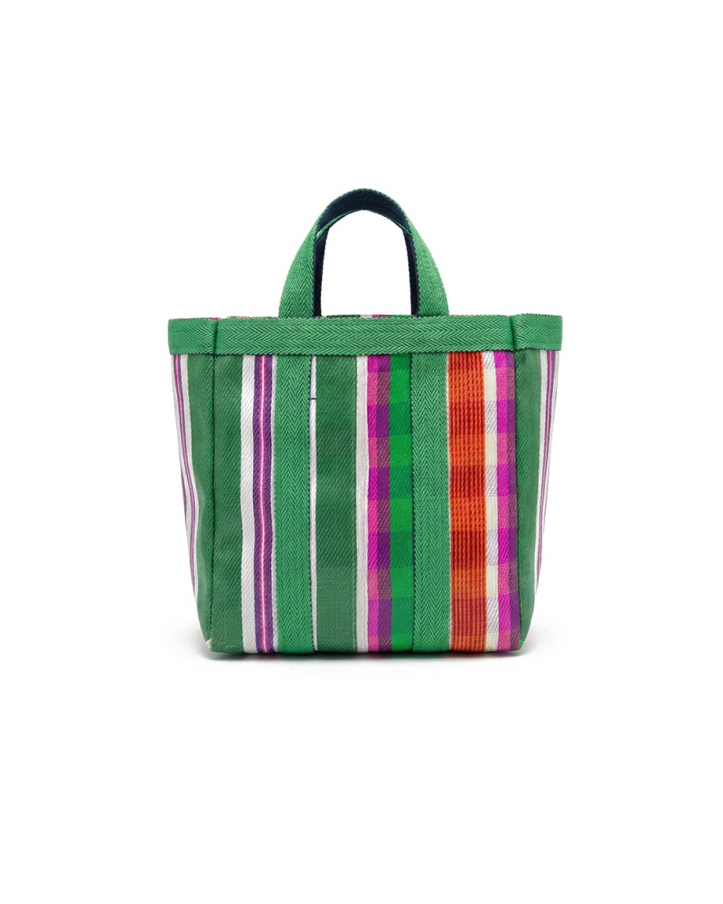 Babachic Mini Bag modelo Picnic color verde, rosa, naranja y blanco con asas cortas perfecto para playa