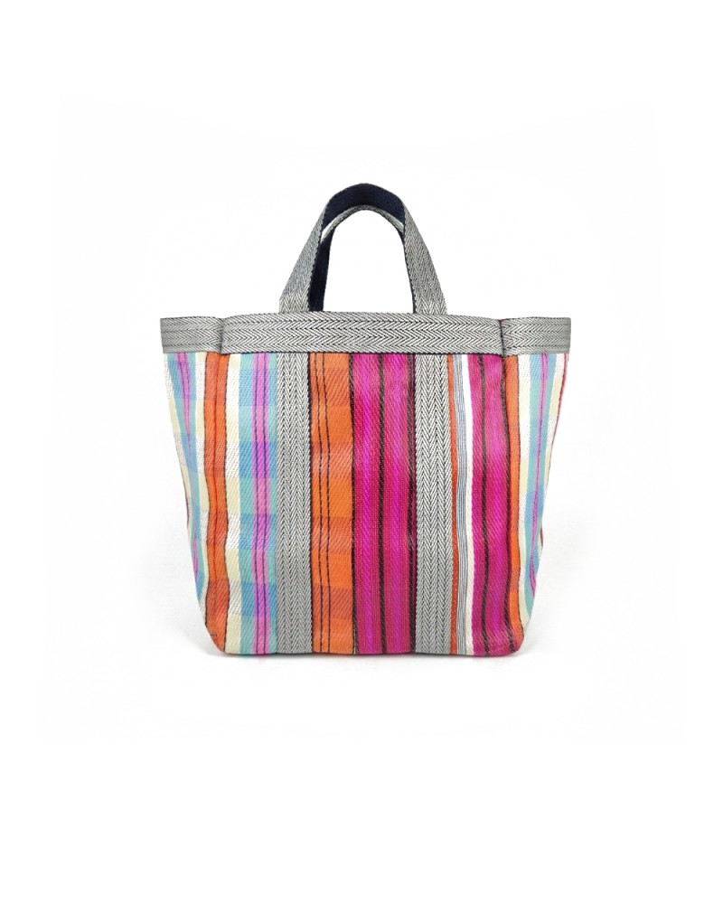 Babachic Mini Bag modelo Picnic color rosa, naranja, celeste y blanco con asas cortas. Perfecto para la playa