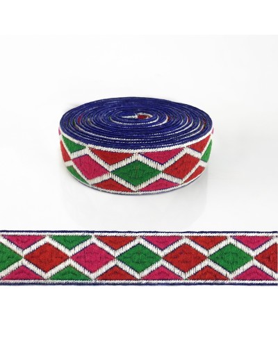 Venta por metro Bordado de estilo Arlequín bordado con rombos rojos...