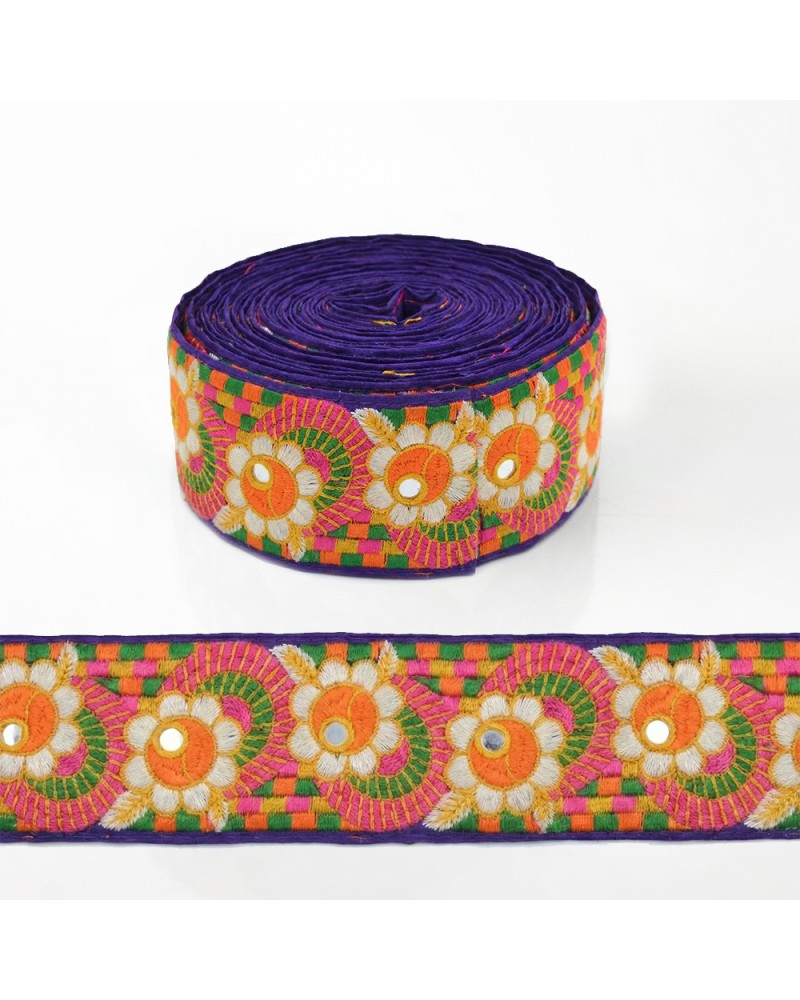 Venta por 50 cms Pasamanería multicolores, bordada de flores con in...