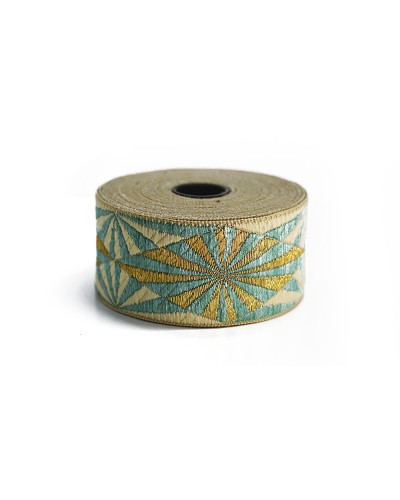 CINTA DE PASAMANERIA INDIA BORDAD CON GRAFICO EN COLOR TURQUESA DORADO Y BEIGE