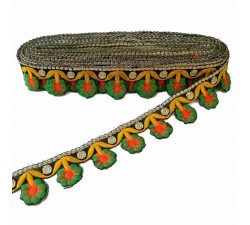 Embroidered flower bangs - Green, orange and yellow - 35 mm