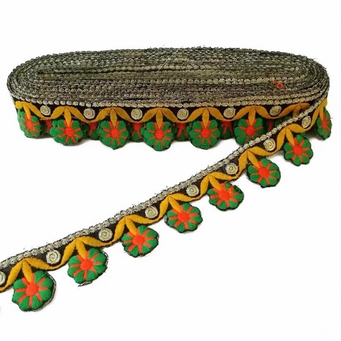 Embroidered flower bangs - Green, orange and yellow - 35 mm