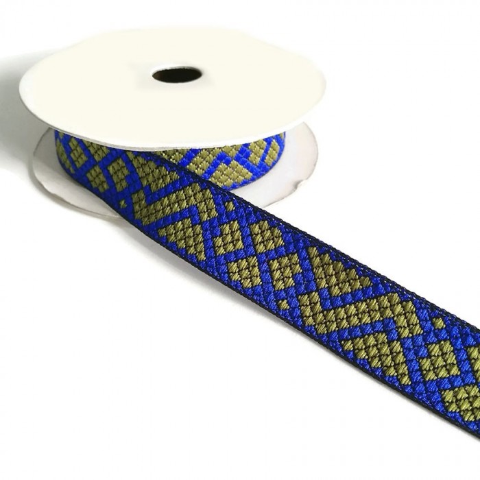 Graphic ribbon - Tetris - Blue and khaki - 25 mm