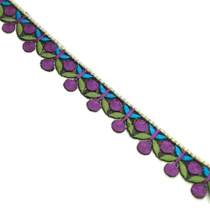 Embroidery - Garland of cherries - Purple, khaki and blue - 25 mm