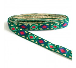 Embroidery Broderie Indienne - Losanges - Vert foncé, bleu, vert turquoise et rouge - 30 mm babachic