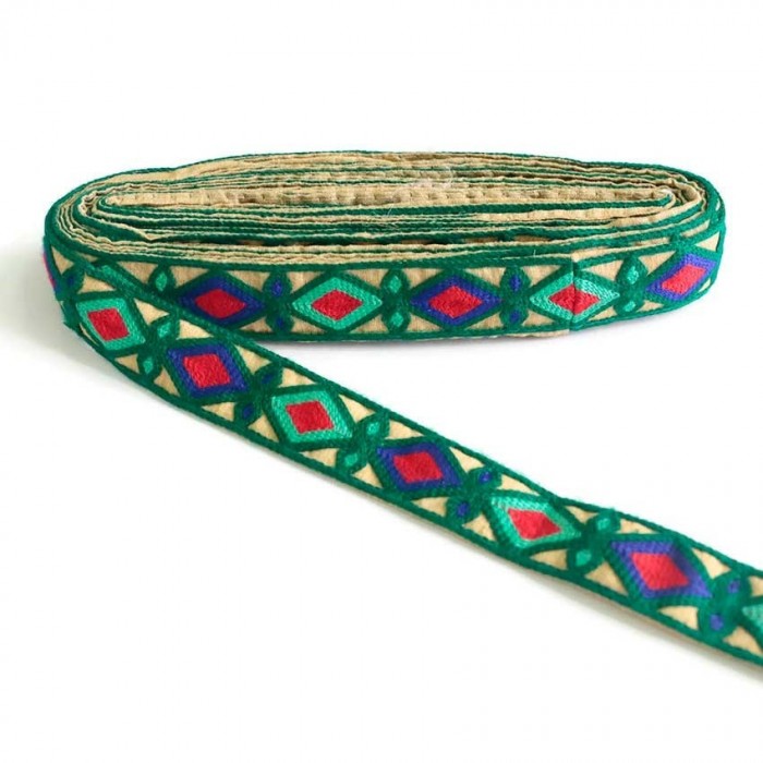 Indian embroidery - Rhombus - Dark green, blue, turquoise green and red - 30 mm