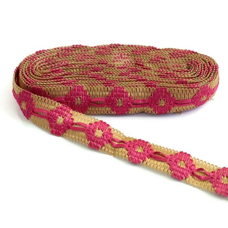 Jute embroidered trimming with fushia ribbon - 30 mm