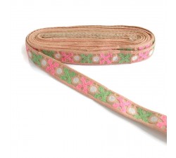 Embroidery Salmon ribbon lined with green and pink crosses - 28 mm babachic