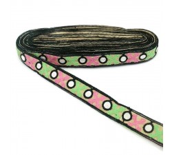 Embroidery Black ribbon lined with pink and green crosses - 28 mm babachic