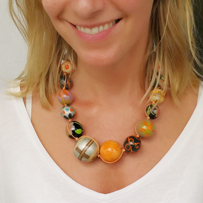 Orange brown wooden beads necklace